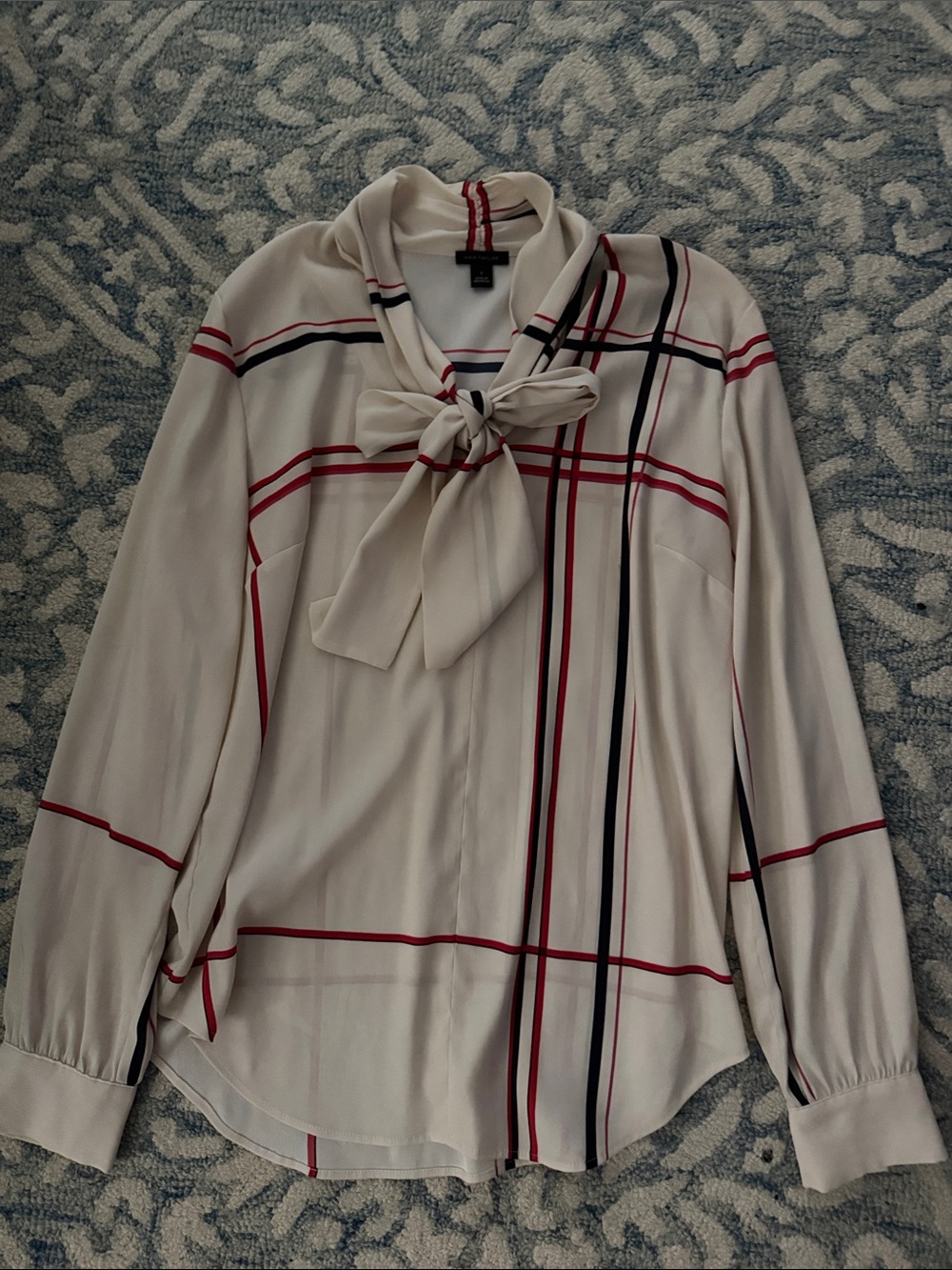 Ann Taylor Cream Plaid Tie-Neck Blouse with Red and Black Stripes